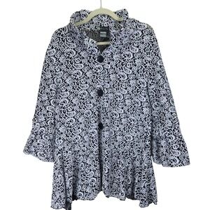 Damee Inc Womens Coat Jacket Large‎ Embroidered Artsy Black White Floral Paisley